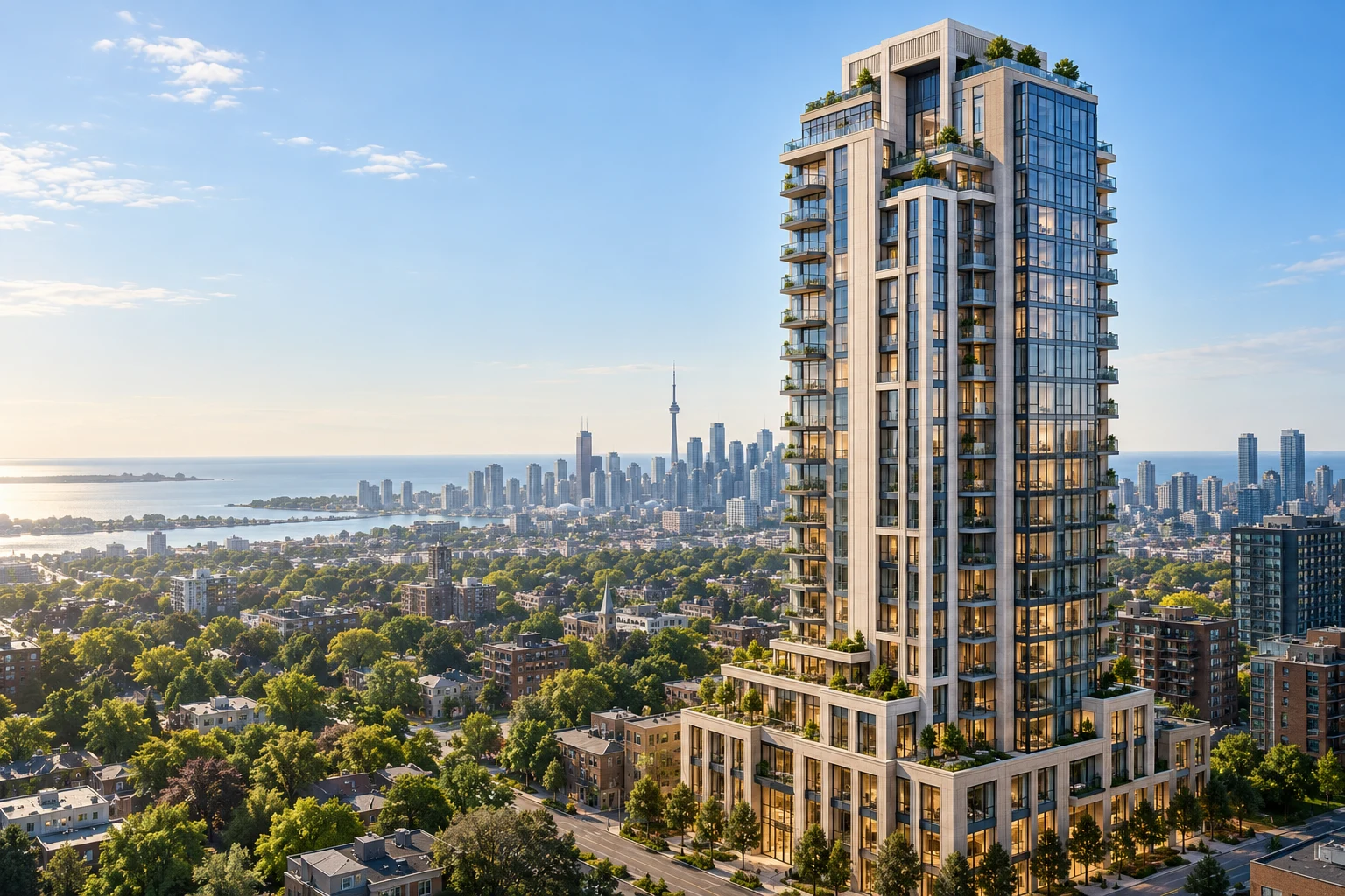 Illustrative luxury Toronto residential tower with glass balconies and pale stone framing
